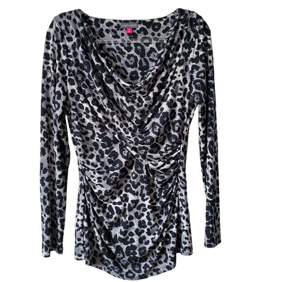 Vince Camuto Gray Animal Print Jersey Knit Wrap Top M Bodycon Modern Sexy Career - Picture 10 of 10